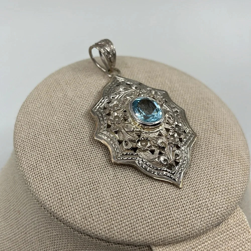 Vintage DS Designer Signed 925 Sterling Silver Blue Topaz Pendant